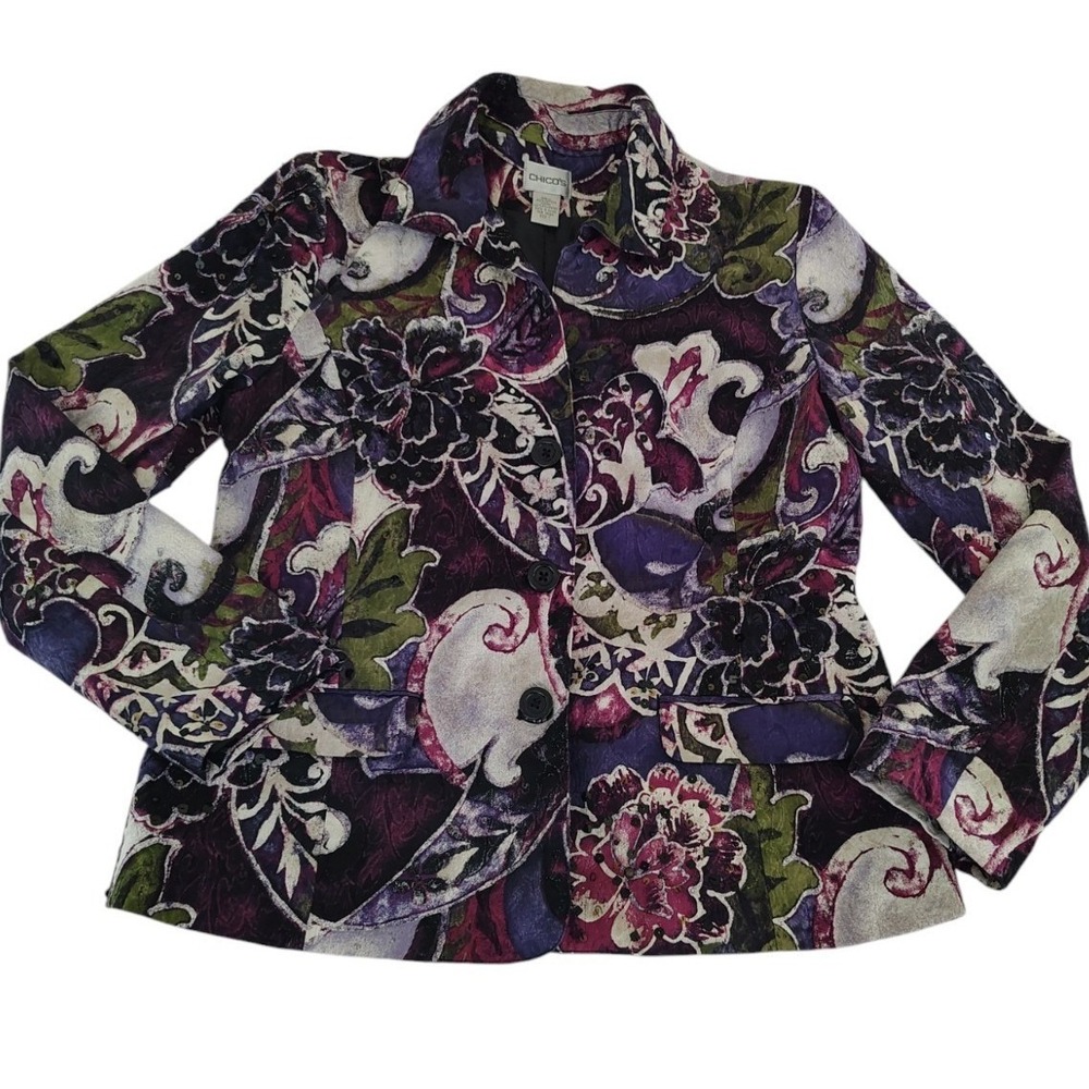 Chico's Embellished Purple Black Floral‎ Cotton Blazer Jacket Plus Size 1